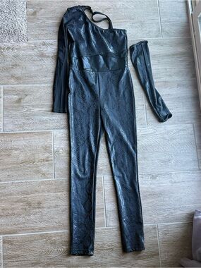 Black One-Shoulder Faux Leather Dance Costume